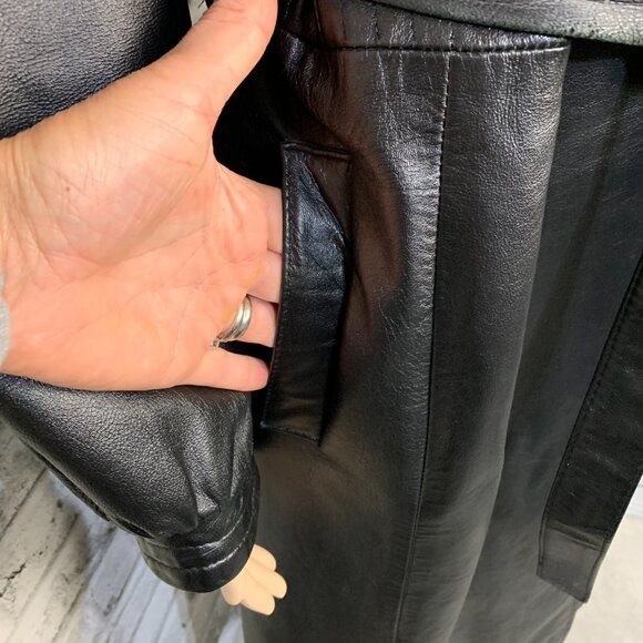 Vintage 70s Leather Maxi Trench Coat Small Black Belted Retro Long Overcoat - Picture 6 of 16